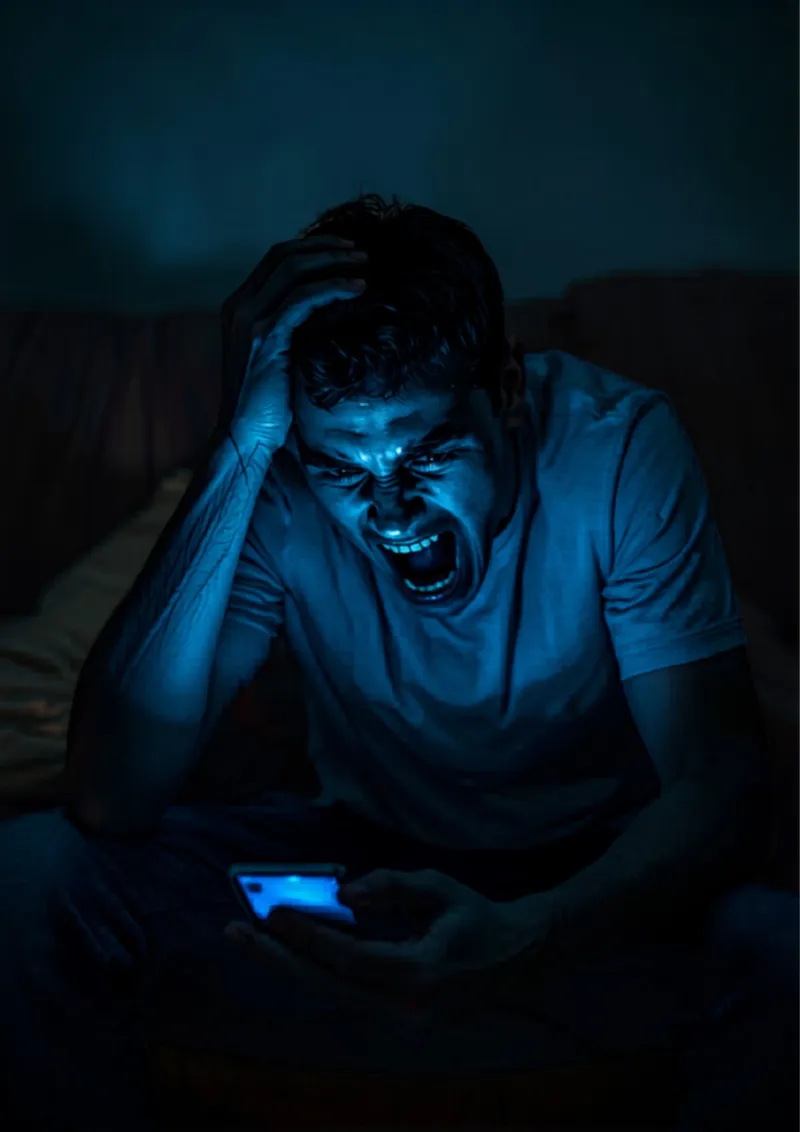 un mec en rage sur son téléphone après un mauvais prono