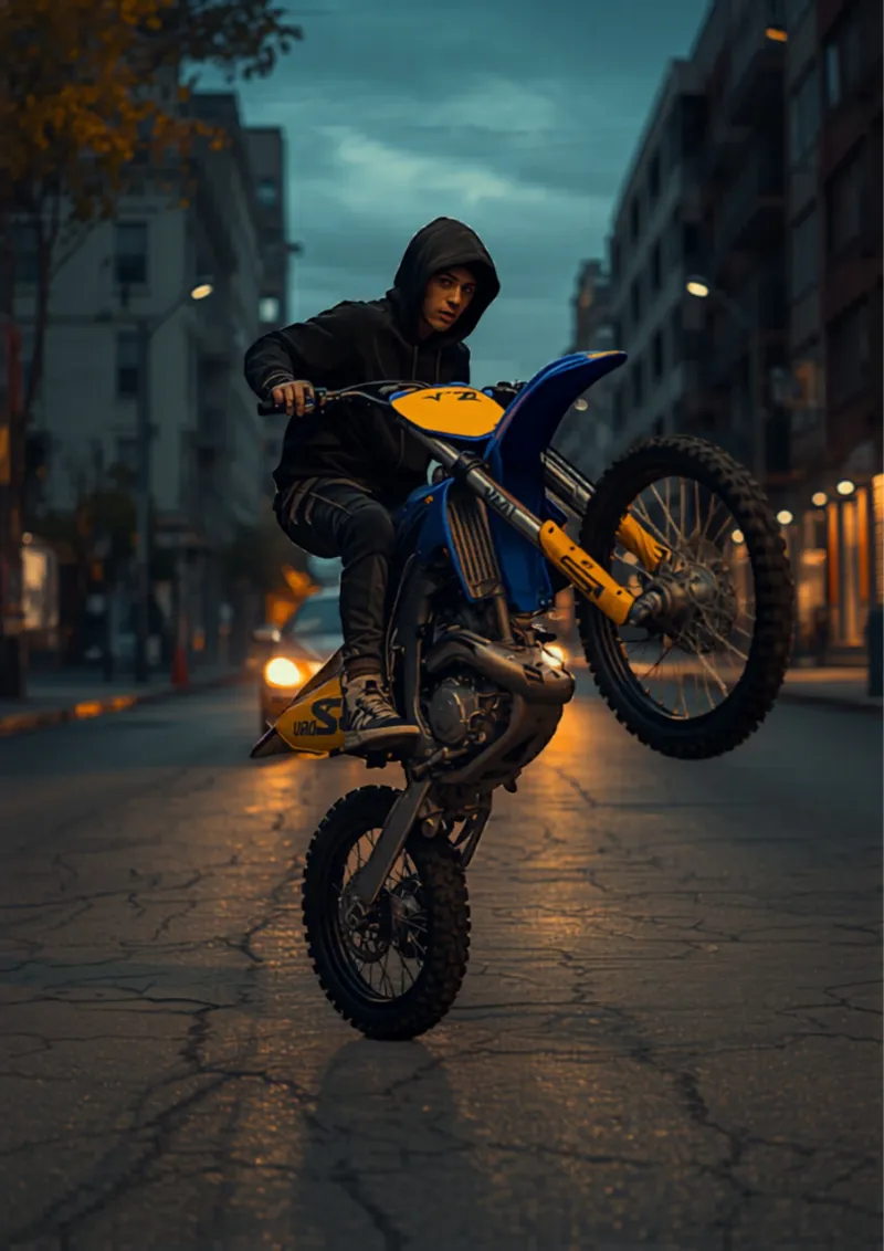 un jeune en wheelie sur sa moto — adrénaline de rue